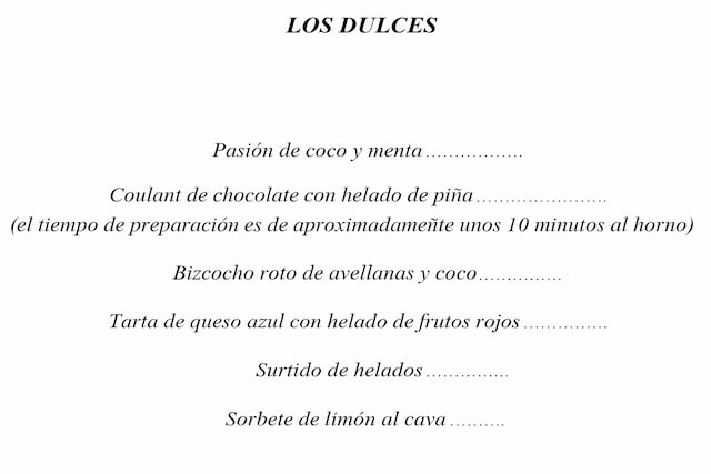 Menú Postres Ronda 14 Pozuelo Abril 2026