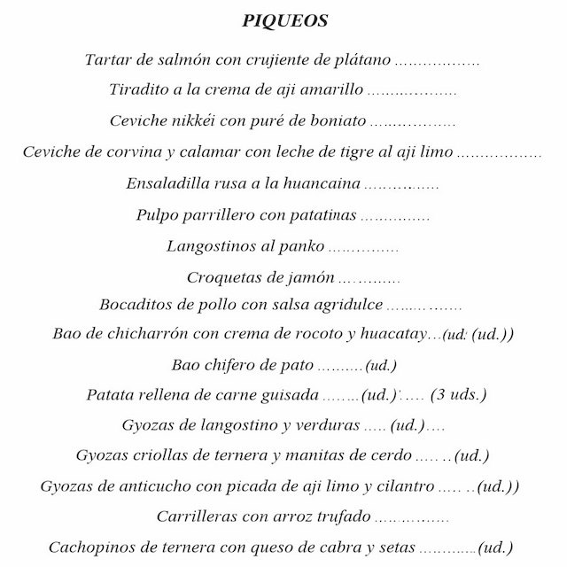 Menú piqueos Ronda 14 Madrid Abril 2026